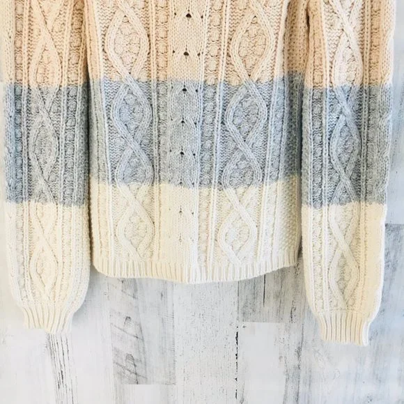 La Vie Rebecca Taylor Cable Knit Sweater Wool Cotton Blend Striped - Picture 12 of 12